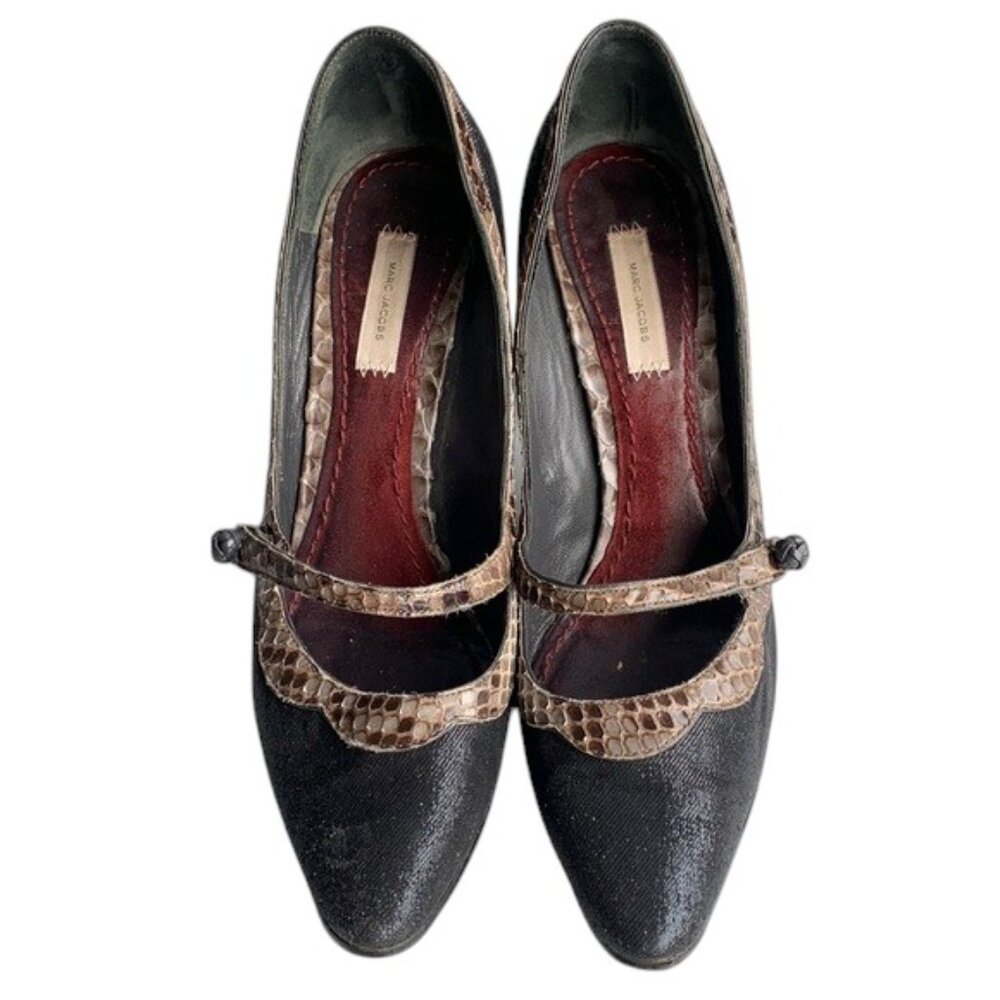 Marc Jacobs Fabric Python Trim Heel Pumps Womens Blue Dress Shoes Size 37.5 US 7